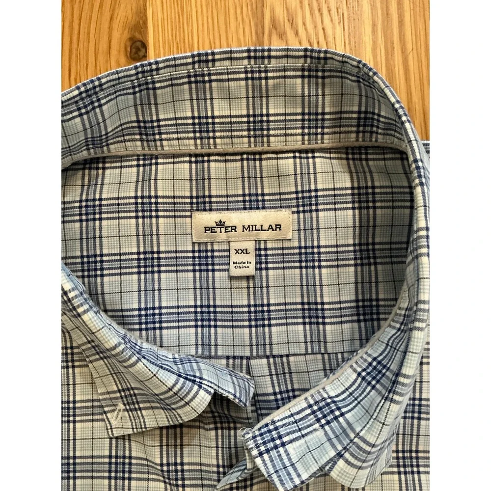 Peter Millar‎ XXL Blue Plaid Long Sleeve Button Down Shirt Cotton Stretch